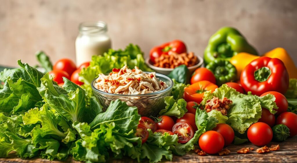 A bountiful arrangement of fresh ingredients for a delectable salpicão de frango, captured in a warm, inviting still life. In the foreground, crisp lettuce leaves, juicy tomatoes, and vibrant bell peppers spill across a rustic wooden surface, illuminated by soft, natural lighting. Nestled among the vegetables, a bowl of shredded chicken, seasoned with a blend of herbs and spices. In the middle ground, a jar of mayonnaise and a scatter of crisp bacon crumbles, hinting at the creamy, savory flavors to come. The background is a neutral, earthy tone, allowing the vibrant colors and textures of the ingredients to take center stage. The overall mood is one of culinary abundance and the promise of a satisfying, homemade meal. Receitas e Sabor. A bountiful arrangement of fresh ingredients for a delectable salpicão de frango, captured in a warm, inviting still life. In the foreground, crisp lettuce leaves, juicy tomatoes, and vibrant bell peppers spill across a rustic wooden surface, illuminated by soft, natural lighting. Nestled among the vegetables, a bowl of shredded chicken, seasoned with a blend of herbs and spices. In the middle ground, a jar of mayonnaise and a scatter of crisp bacon crumbles, hinting at the creamy, savory flavors to come. The background is a neutral, earthy tone, allowing the vibrant colors and textures of the ingredients to take center stage. The overall mood is one of culinary abundance and the promise of a satisfying, homemade meal. Receitas e Sabor.
