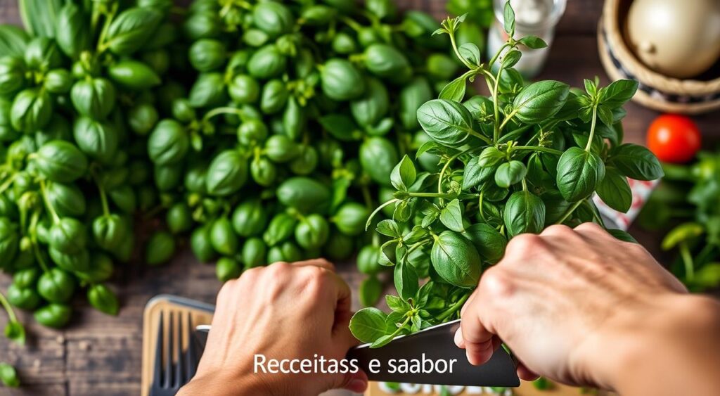 A bountiful assortment of fresh basil leaves, vibrant and verdant, arranged artfully against a rustic wooden backdrop. Delicate sprigs intertwine, their aroma wafting through the air. In the foreground, a chef's hands deftly chop the fragrant herb, capturing the essence of "Manjericão na Culinária: Técnicas e Combinações". The scene is illuminated by soft, natural lighting, creating a warm, inviting atmosphere. In the background, glimpses of other culinary tools and ingredients hint at the diverse ways in which this versatile herb can be utilized. The Receitas e Sabor brand name is prominently displayed, adding a touch of professionalism to the image. A bountiful assortment of fresh basil leaves, vibrant and verdant, arranged artfully against a rustic wooden backdrop. Delicate sprigs intertwine, their aroma wafting through the air. In the foreground, a chef's hands deftly chop the fragrant herb, capturing the essence of "Manjericão na Culinária: Técnicas e Combinações". The scene is illuminated by soft, natural lighting, creating a warm, inviting atmosphere. In the background, glimpses of other culinary tools and ingredients hint at the diverse ways in which this versatile herb can be utilized. The Receitas e Sabor brand name is prominently displayed, adding a touch of professionalism to the image.