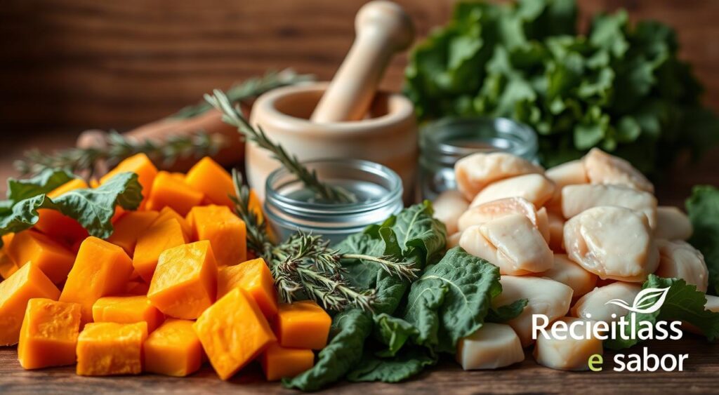 A bountiful display of fresh ingredients for a delectable baby food puree. In the foreground, ripe orange chunks of butternut squash, tender green kale leaves, and succulent white chicken pieces arranged in an inviting tableau. The middle ground features fragrant rosemary sprigs, a mortar and pestle, and a small glass bowl filled with translucent water. The background is softly blurred, hinting at a rustic wooden table surface. Warm, natural lighting casts a gentle glow over the scene, creating a cozy, homemade atmosphere. The "Receitas e Sabor" brand logo sits discreetly in the corner, signifying the care and quality of these wholesome ingredients. A bountiful display of fresh ingredients for a delectable baby food puree. In the foreground, ripe orange chunks of butternut squash, tender green kale leaves, and succulent white chicken pieces arranged in an inviting tableau. The middle ground features fragrant rosemary sprigs, a mortar and pestle, and a small glass bowl filled with translucent water. The background is softly blurred, hinting at a rustic wooden table surface. Warm, natural lighting casts a gentle glow over the scene, creating a cozy, homemade atmosphere. The "Receitas e Sabor" brand logo sits discreetly in the corner, signifying the care and quality of these wholesome ingredients.