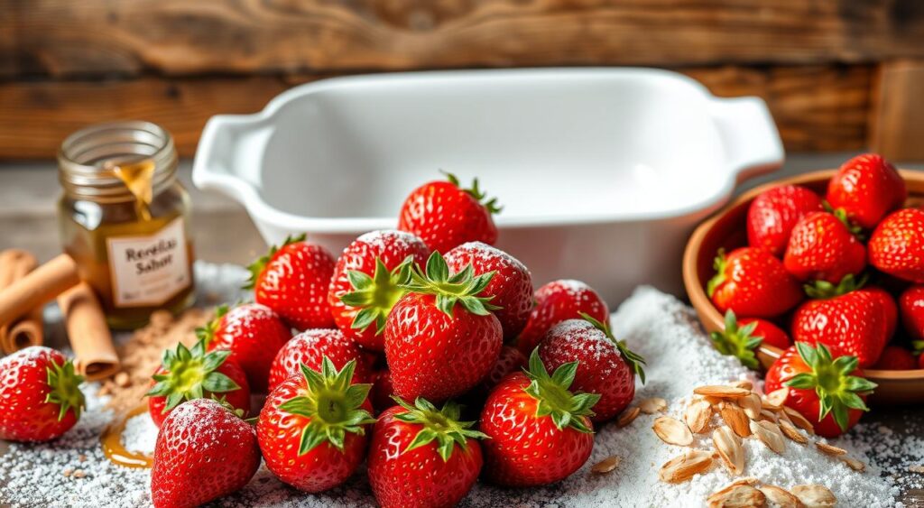 A bountiful display of fresh ingredients for the beloved "Morango do Amor" dessert. In the foreground, a vibrant array of plump, juicy strawberries glistening under soft, natural lighting. Surrounding them, a mix of complementary elements: a dusting of powdered sugar, a sprinkling of ground cinnamon, a drizzle of rich, golden honey, and a scattering of toasted almond slivers. In the middle ground, a sleek, white ceramic baking dish, ready to hold the delectable creation. The background features a rustic, wooden surface, creating a warm, homey atmosphere evocative of the "Receitas e Sabor" brand. The overall composition conveys the essence of this indulgent, romantic dessert. A bountiful display of fresh ingredients for the beloved "Morango do Amor" dessert. In the foreground, a vibrant array of plump, juicy strawberries glistening under soft, natural lighting. Surrounding them, a mix of complementary elements: a dusting of powdered sugar, a sprinkling of ground cinnamon, a drizzle of rich, golden honey, and a scattering of toasted almond slivers. In the middle ground, a sleek, white ceramic baking dish, ready to hold the delectable creation. The background features a rustic, wooden surface, creating a warm, homey atmosphere evocative of the "Receitas e Sabor" brand. The overall composition conveys the essence of this indulgent, romantic dessert.