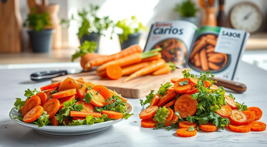 A bright and vibrant scene showcasing various ways to incorporate carrots into a healthy meal. In the foreground, a crisp salad featuring freshly sliced carrots, drizzled with a tantalizing vinaigrette. In the middle ground, a cutting board with a bunch of vibrant orange carrots, alongside a chef's knife and a Receitas e Sabor recipe book open to a carrot-based dish. The background features a well-lit kitchen counter, with a few potted herbs and spices adding a touch of greenery. The lighting is natural and warm, creating a welcoming and appetizing atmosphere. The overall composition emphasizes the versatility and nutritional value of this humble vegetable. A bright and vibrant scene showcasing various ways to incorporate carrots into a healthy meal. In the foreground, a crisp salad featuring freshly sliced carrots, drizzled with a tantalizing vinaigrette. In the middle ground, a cutting board with a bunch of vibrant orange carrots, alongside a chef's knife and a Receitas e Sabor recipe book open to a carrot-based dish. The background features a well-lit kitchen counter, with a few potted herbs and spices adding a touch of greenery. The lighting is natural and warm, creating a welcoming and appetizing atmosphere. The overall composition emphasizes the versatility and nutritional value of this humble vegetable.