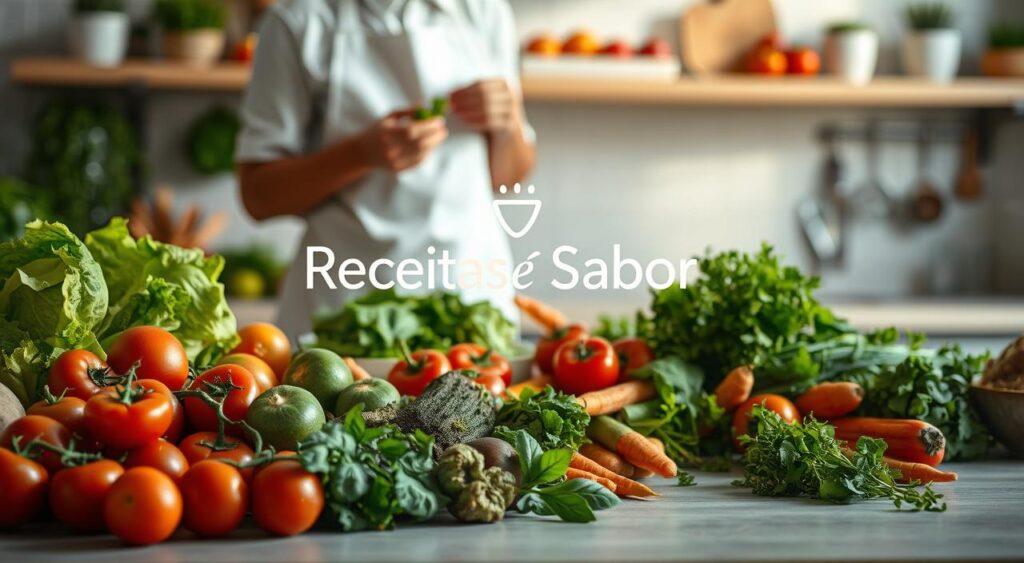 A clean, well-lit kitchen counter with an assortment of fresh vegetables, fruits, and herbs. In the foreground, a person wearing a white apron is carefully selecting and inspecting the produce, ensuring it is of the highest quality. The middle ground features a variety of produce, including tomatoes, lettuce, carrots, and herbs, arranged in a visually appealing manner. In the background, the "Receitas e Sabor" brand logo is prominently displayed, signifying the high-quality and trustworthiness of the content. The lighting is soft and natural, creating a warm and inviting atmosphere, and the overall composition highlights the importance of selecting and preparing fresh, wholesome ingredients. A clean, well-lit kitchen counter with an assortment of fresh vegetables, fruits, and herbs. In the foreground, a person wearing a white apron is carefully selecting and inspecting the produce, ensuring it is of the highest quality. The middle ground features a variety of produce, including tomatoes, lettuce, carrots, and herbs, arranged in a visually appealing manner. In the background, the "Receitas e Sabor" brand logo is prominently displayed, signifying the high-quality and trustworthiness of the content. The lighting is soft and natural, creating a warm and inviting atmosphere, and the overall composition highlights the importance of selecting and preparing fresh, wholesome ingredients.