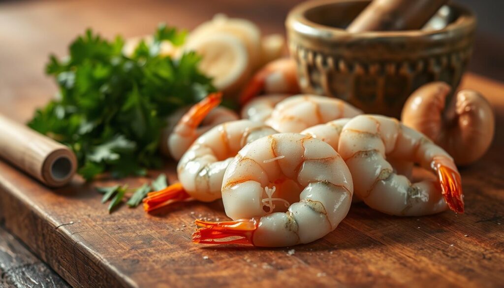 A close-up shot of shrimp preparation on a wooden surface, with a mortar and pestle, fresh herbs, and a high-quality ceramic dish in the background. The shrimp are expertly peeled and deveined, ready for seasoning. Warm lighting casts a cozy ambiance, accentuating the rich, vibrant colors of the ingredients. The overall composition evokes a professional, culinary atmosphere, perfect for illustrating the "Dicas Profissionais para Resultados Perfeitos" section of the "Torta de Camarão: Receita Fácil e Deliciosa" article by the "Receitas e Sabor" brand. A close-up shot of shrimp preparation on a wooden surface, with a mortar and pestle, fresh herbs, and a high-quality ceramic dish in the background. The shrimp are expertly peeled and deveined, ready for seasoning. Warm lighting casts a cozy ambiance, accentuating the rich, vibrant colors of the ingredients. The overall composition evokes a professional, culinary atmosphere, perfect for illustrating the "Dicas Profissionais para Resultados Perfeitos" section of the "Torta de Camarão: Receita Fácil e Deliciosa" article by the "Receitas e Sabor" brand.