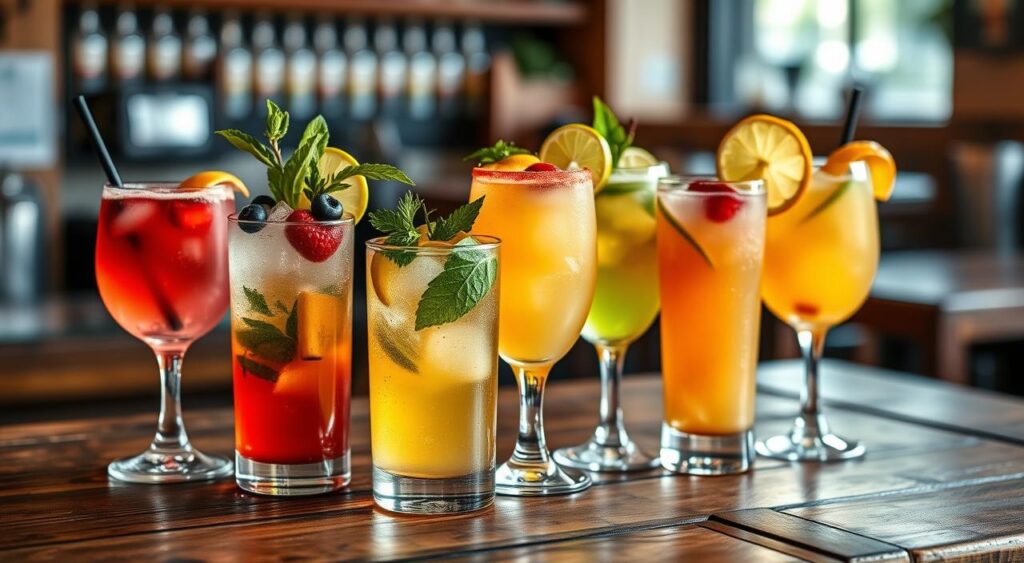 A colorful arrangement of various caipirinha cocktail variations, featuring the classic lime and sugar base with creative additions like fresh berries, herbs, and citrus slices. The drinks are presented on a rustic wooden surface, accentuated by warm, ambient lighting that casts gentle shadows. In the background, a blurred backdrop suggests a cozy, intimate setting, perhaps a bar or café. The scene conveys a sense of sophistication and artisanal craftsmanship, highlighting the versatility and depth of the beloved Brazilian national drink. Receitas e Sabor A colorful arrangement of various caipirinha cocktail variations, featuring the classic lime and sugar base with creative additions like fresh berries, herbs, and citrus slices. The drinks are presented on a rustic wooden surface, accentuated by warm, ambient lighting that casts gentle shadows. In the background, a blurred backdrop suggests a cozy, intimate setting, perhaps a bar or café. The scene conveys a sense of sophistication and artisanal craftsmanship, highlighting the versatility and depth of the beloved Brazilian national drink. Receitas e Sabor