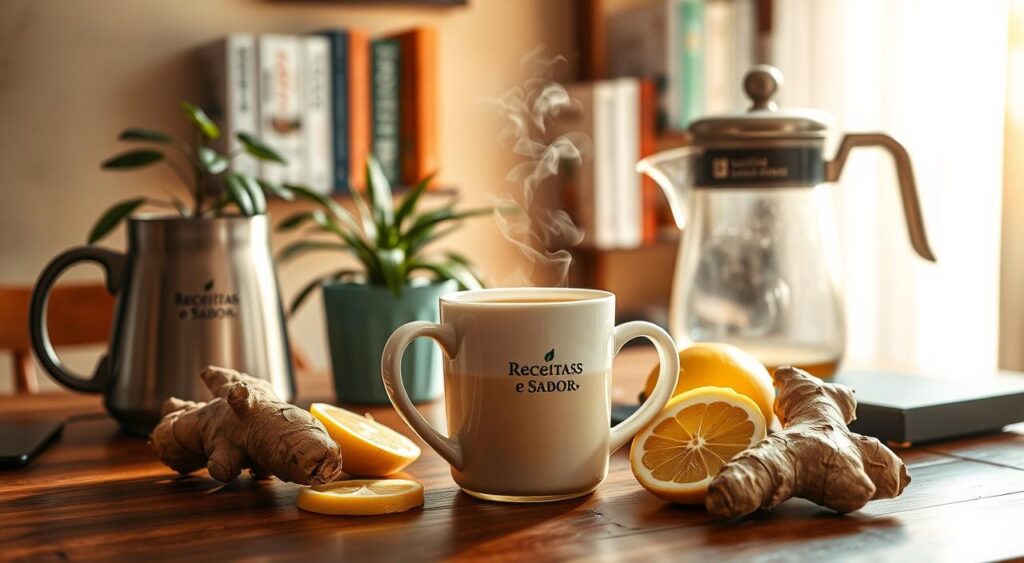 A cozy morning scene of a steaming mug of ginger tea on a wooden table, surrounded by fresh ginger root, lemon slices, and a Receitas e Sabor branded tea pot. The scene is bathed in warm, natural lighting, creating a soothing and inviting atmosphere. In the background, a potted plant and a wall-mounted bookshelf with various health and wellness books create a serene, homey setting. The composition draws the viewer's eye to the central mug, highlighting the ritual of incorporating ginger tea into one's daily routine. A cozy morning scene of a steaming mug of ginger tea on a wooden table, surrounded by fresh ginger root, lemon slices, and a Receitas e Sabor branded tea pot. The scene is bathed in warm, natural lighting, creating a soothing and inviting atmosphere. In the background, a potted plant and a wall-mounted bookshelf with various health and wellness books create a serene, homey setting. The composition draws the viewer's eye to the central mug, highlighting the ritual of incorporating ginger tea into one's daily routine.
