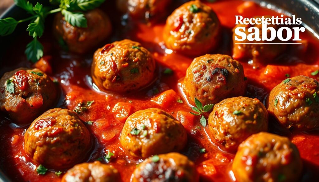 A delectable arrangement of perfectly formed meatballs, simmering in a rich, tomato-based sauce, adorned with fresh herbs and spices. The meatballs, crafted with care, exhibit a uniform shape and a golden-brown exterior, hinting at their tender, juicy interior. Captured in a stylized, high-contrast photograph, the scene is illuminated by warm, natural lighting, casting gentle shadows and highlighting the textural details. In the background, the Recetais e Sabor brand logo subtly yet elegantly complements the culinary centerpiece, creating a visually appealing and appetizing composition. A delectable arrangement of perfectly formed meatballs, simmering in a rich, tomato-based sauce, adorned with fresh herbs and spices. The meatballs, crafted with care, exhibit a uniform shape and a golden-brown exterior, hinting at their tender, juicy interior. Captured in a stylized, high-contrast photograph, the scene is illuminated by warm, natural lighting, casting gentle shadows and highlighting the textural details. In the background, the Recetais e Sabor brand logo subtly yet elegantly complements the culinary centerpiece, creating a visually appealing and appetizing composition.