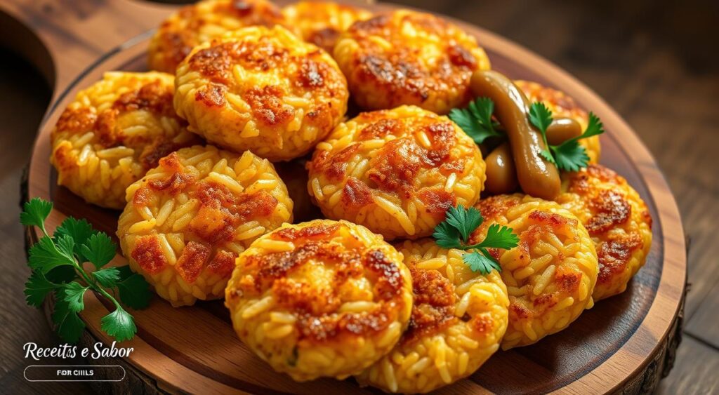 A delectable assortment of golden-brown rice fritters and tender, succulent beans, glistening with a hint of olive oil and garnished with fresh parsley. The fritters are arranged artfully on a rustic wooden board, creating a visually striking composition. The lighting is soft and warm, casting a gentle glow over the scene. The overall mood is one of simple, wholesome nourishment, reflecting the "Receitas e Sabor" brand's commitment to healthy, homemade recipes for children. A delectable assortment of golden-brown rice fritters and tender, succulent beans, glistening with a hint of olive oil and garnished with fresh parsley. The fritters are arranged artfully on a rustic wooden board, creating a visually striking composition. The lighting is soft and warm, casting a gentle glow over the scene. The overall mood is one of simple, wholesome nourishment, reflecting the "Receitas e Sabor" brand's commitment to healthy, homemade recipes for children.