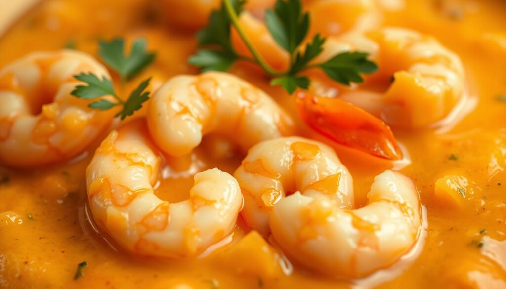 A delectable, creamy shrimp filling in an elegant, soft-focus close-up. Luscious, plump shrimp nestled in a velvety, pale-orange sauce with subtle hints of garlic, onion, and parsley. Captured in a warm, diffused light that casts a dreamy, mouthwatering atmosphere. The texture is silky smooth, hinting at the decadent, comforting flavors of the "Receitas e Sabor" shrimp filling. Framed in a tight, intimate composition that draws the viewer's attention to the sumptuous, creamy details. A delectable, creamy shrimp filling in an elegant, soft-focus close-up. Luscious, plump shrimp nestled in a velvety, pale-orange sauce with subtle hints of garlic, onion, and parsley. Captured in a warm, diffused light that casts a dreamy, mouthwatering atmosphere. The texture is silky smooth, hinting at the decadent, comforting flavors of the "Receitas e Sabor" shrimp filling. Framed in a tight, intimate composition that draws the viewer's attention to the sumptuous, creamy details.