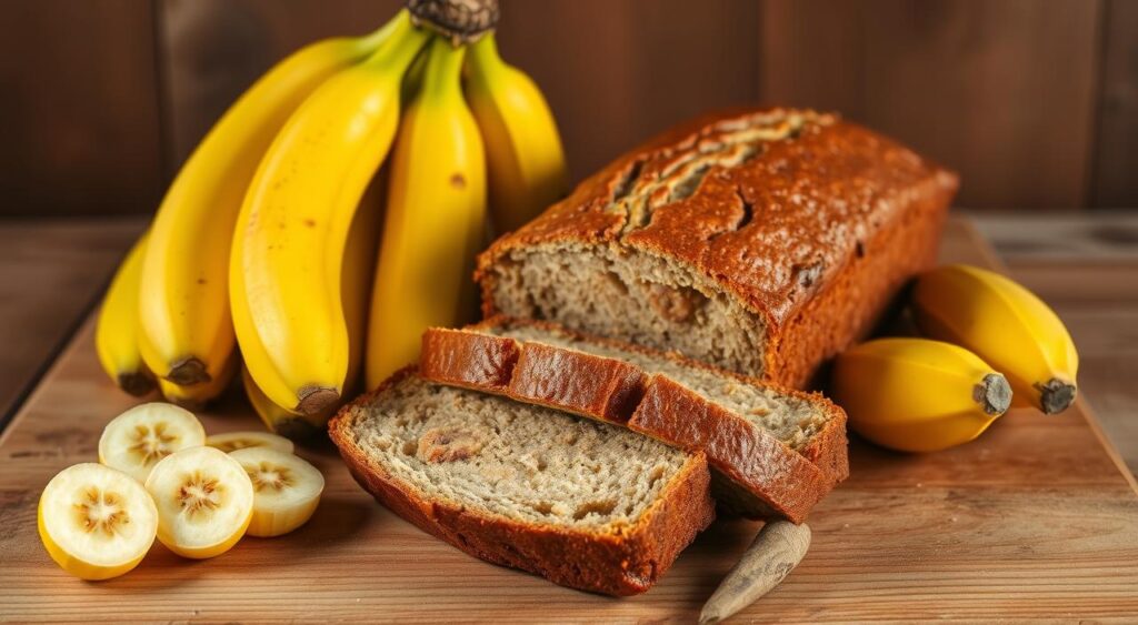A delightful arrangement of ripe bananas, their golden hues gleaming under soft, natural light. Nestled amongst the fruit, a freshly baked loaf of "Receitas e Sabor" banana bread, its crust a rich, caramelized brown. Slices of the tender, moist crumb are arranged artfully, revealing the delicate swirls and flecks of banana within. In the background, a rustic wooden table sets the stage, evocative of a cozy kitchen. The overall scene exudes a sense of homemade comfort and the aroma of a beloved family recipe. A delightful arrangement of ripe bananas, their golden hues gleaming under soft, natural light. Nestled amongst the fruit, a freshly baked loaf of "Receitas e Sabor" banana bread, its crust a rich, caramelized brown. Slices of the tender, moist crumb are arranged artfully, revealing the delicate swirls and flecks of banana within. In the background, a rustic wooden table sets the stage, evocative of a cozy kitchen. The overall scene exudes a sense of homemade comfort and the aroma of a beloved family recipe.