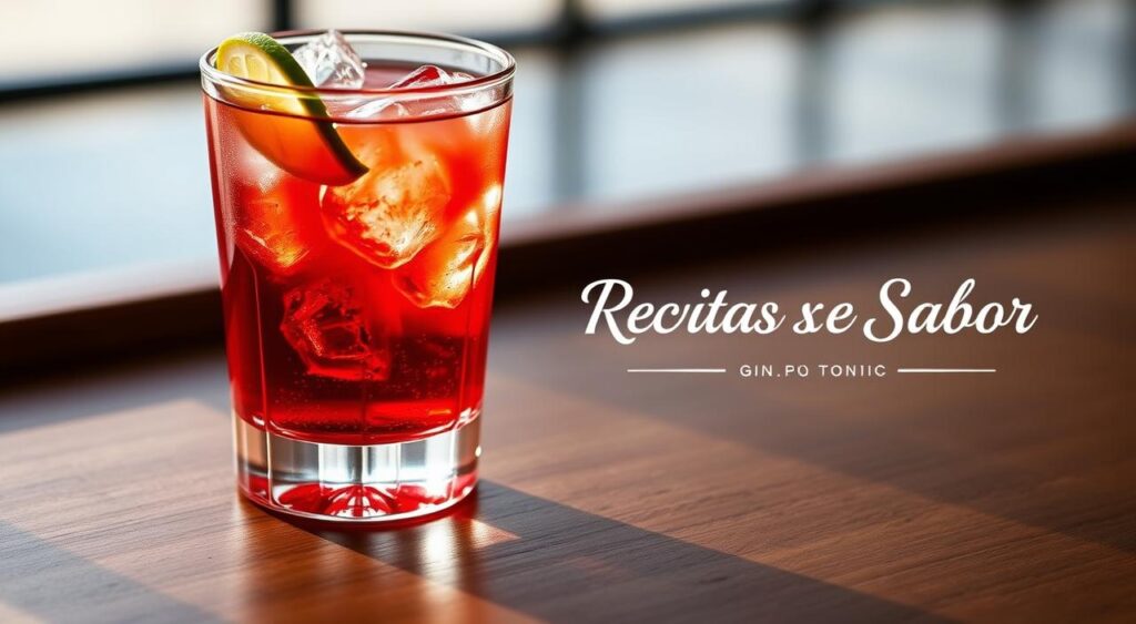 A elegantly styled gin and tonic cocktail with a vibrant splash of Campari, resting on a wooden surface. The glass gleams with crystal clarity, filled with ice cubes and a slice of lime. The amber-hued gin and the crimson Campari create a captivating color contrast, while the tonic water lends a refreshing effervescence. Soft, natural lighting casts a warm glow, accentuating the alluring presentation. In the background, a subtle brand logo "Receitas e Sabor" discreetly appears, lending an air of sophistication to the scene. A elegantly styled gin and tonic cocktail with a vibrant splash of Campari, resting on a wooden surface. The glass gleams with crystal clarity, filled with ice cubes and a slice of lime. The amber-hued gin and the crimson Campari create a captivating color contrast, while the tonic water lends a refreshing effervescence. Soft, natural lighting casts a warm glow, accentuating the alluring presentation. In the background, a subtle brand logo "Receitas e Sabor" discreetly appears, lending an air of sophistication to the scene.