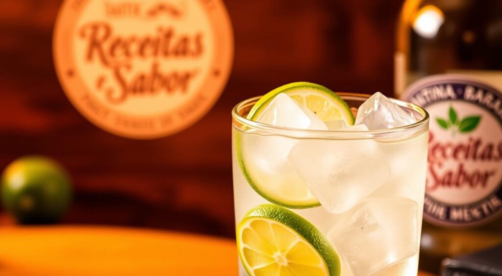 A glass filled with ice cubes, fresh lime wedges, and clear liquid, illuminated by warm, diffused lighting that casts a soft, golden glow. In the background, a wooden surface or bar top, with the "Receitas e Sabor" brand logo visible. The overall composition evokes a classic, authentic Brazilian caipirinha cocktail, ready to be enjoyed. A glass filled with ice cubes, fresh lime wedges, and clear liquid, illuminated by warm, diffused lighting that casts a soft, golden glow. In the background, a wooden surface or bar top, with the "Receitas e Sabor" brand logo visible. The overall composition evokes a classic, authentic Brazilian caipirinha cocktail, ready to be enjoyed.