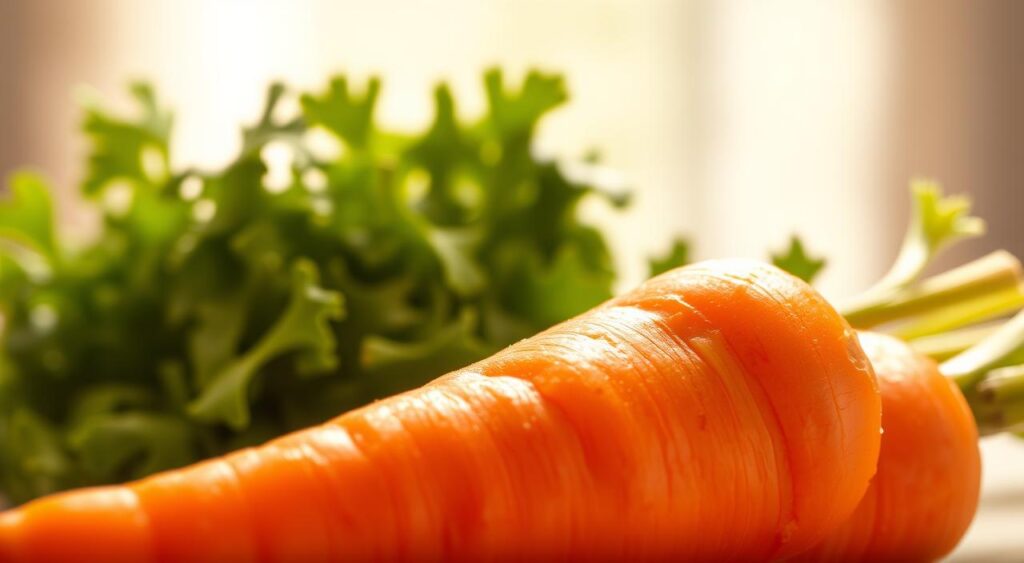 A healthy and vibrant carrot, its rich orange hue gleaming under warm, natural lighting. In the foreground, the carrot's intricate details are sharply defined, inviting the viewer to appreciate its nutritious properties. The middle ground features a selection of fresh, leafy greens, symbolizing the abundant vitamins and minerals the carrot provides. In the background, a soft, blurred backdrop suggests a peaceful, serene setting, representative of the carrot's ability to support overall well-being. The image has a clean, high-quality aesthetic, capturing the essence of the "Benefícios da cenoura para a saúde" section of the "Cenoura: Conheça os Incríveis Benefícios Dessa Verdura" article by Receitas e Sabor. A healthy and vibrant carrot, its rich orange hue gleaming under warm, natural lighting. In the foreground, the carrot's intricate details are sharply defined, inviting the viewer to appreciate its nutritious properties. The middle ground features a selection of fresh, leafy greens, symbolizing the abundant vitamins and minerals the carrot provides. In the background, a soft, blurred backdrop suggests a peaceful, serene setting, representative of the carrot's ability to support overall well-being. The image has a clean, high-quality aesthetic, capturing the essence of the "Benefícios da cenoura para a saúde" section of the "Cenoura: Conheça os Incríveis Benefícios Dessa Verdura" article by Receitas e Sabor.