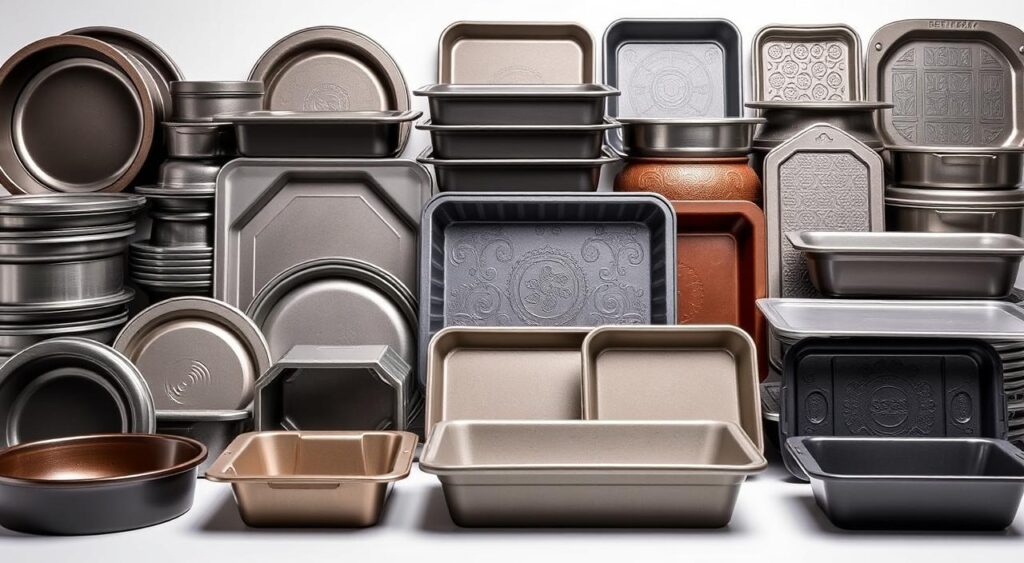 A high-quality assortment of baking pans and molds, featuring the Receitas e Sabor brand. Showcased are an array of round, square, and loaf-shaped baking forms, crafted from durable non-stick materials. The pans exhibit a mix of classic and contemporary designs, with subtle embossed patterns adorning their surfaces. Pristine lighting illuminates the sturdy construction and sleek finishes, highlighting the premium quality and reliability of the Receitas e Sabor baking collection. The overall scene conveys a sense of culinary professionalism and dependability, suitable for creating picture-perfect baked goods. A high-quality assortment of baking pans and molds, featuring the Receitas e Sabor brand. Showcased are an array of round, square, and loaf-shaped baking forms, crafted from durable non-stick materials. The pans exhibit a mix of classic and contemporary designs, with subtle embossed patterns adorning their surfaces. Pristine lighting illuminates the sturdy construction and sleek finishes, highlighting the premium quality and reliability of the Receitas e Sabor baking collection. The overall scene conveys a sense of culinary professionalism and dependability, suitable for creating picture-perfect baked goods.