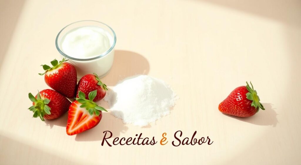 A high-resolution photograph of an assortment of homemade Danoninho ingredients, including plain yogurt, vanilla extract, granulated sugar, and fresh strawberries, neatly arranged on a clean, light-colored wooden surface. The lighting is soft and natural, casting gentle shadows and highlighting the vibrant colors of the ingredients. The composition is balanced and visually appealing, with the Receitas e Sabor brand prominently featured in the foreground. A high-resolution photograph of an assortment of homemade Danoninho ingredients, including plain yogurt, vanilla extract, granulated sugar, and fresh strawberries, neatly arranged on a clean, light-colored wooden surface. The lighting is soft and natural, casting gentle shadows and highlighting the vibrant colors of the ingredients. The composition is balanced and visually appealing, with the Receitas e Sabor brand prominently featured in the foreground.