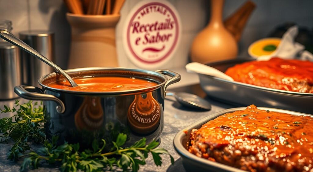 A kitchen counter with a saucepan filled with a glossy, golden-brown glaze, surrounded by fresh herbs, a spoon, and a meatloaf dish. The scene is bathed in warm, soft lighting, creating a cozy, inviting atmosphere. In the background, a "Recetais e Sabor" brand logo is subtly visible, suggesting the high-quality, homemade nature of the dish. The overall composition emphasizes the care and attention put into the preparation of this classic meatloaf recipe. A kitchen counter with a saucepan filled with a glossy, golden-brown glaze, surrounded by fresh herbs, a spoon, and a meatloaf dish. The scene is bathed in warm, soft lighting, creating a cozy, inviting atmosphere. In the background, a "Recetais e Sabor" brand logo is subtly visible, suggesting the high-quality, homemade nature of the dish. The overall composition emphasizes the care and attention put into the preparation of this classic meatloaf recipe.