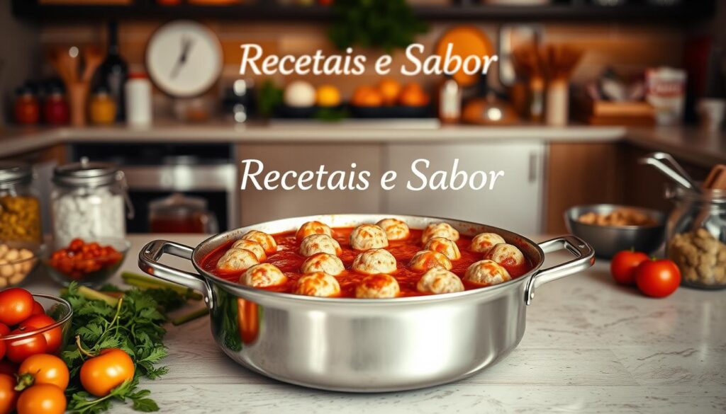A large kitchen counter with a variety of cooking ingredients and utensils arranged neatly. In the center, a pan filled with simmering tomato sauce, surrounded by freshly formed meatballs. The scene is illuminated by soft, warm lighting, creating a cozy and inviting atmosphere. In the background, the Recetais e Sabor logo is prominently displayed, reflecting the high-quality cooking experience. The image conveys the process of preparing meatballs in a sauce, showcasing the delicious and homemade nature of the dish. A large kitchen counter with a variety of cooking ingredients and utensils arranged neatly. In the center, a pan filled with simmering tomato sauce, surrounded by freshly formed meatballs. The scene is illuminated by soft, warm lighting, creating a cozy and inviting atmosphere. In the background, the Recetais e Sabor logo is prominently displayed, reflecting the high-quality cooking experience. The image conveys the process of preparing meatballs in a sauce, showcasing the delicious and homemade nature of the dish.