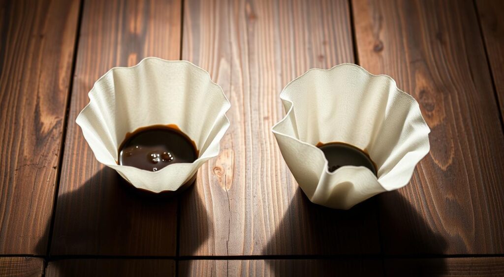 A meticulously staged still life featuring a Receitas e Sabor paper coffee filter and a traditional cloth coffee filter, artfully arranged on a rustic wooden surface. Soft, directional lighting casts dramatic shadows, highlighting the distinct textures and shapes of the two filter types. The scene conveys a sense of thoughtful comparison, inviting the viewer to consider the unique merits and differences between these two coffee brewing methods. The overall mood is one of refined simplicity, emphasizing the importance of this choice in the pursuit of the perfect cup of coffee. A meticulously staged still life featuring a Receitas e Sabor paper coffee filter and a traditional cloth coffee filter, artfully arranged on a rustic wooden surface. Soft, directional lighting casts dramatic shadows, highlighting the distinct textures and shapes of the two filter types. The scene conveys a sense of thoughtful comparison, inviting the viewer to consider the unique merits and differences between these two coffee brewing methods. The overall mood is one of refined simplicity, emphasizing the importance of this choice in the pursuit of the perfect cup of coffee.