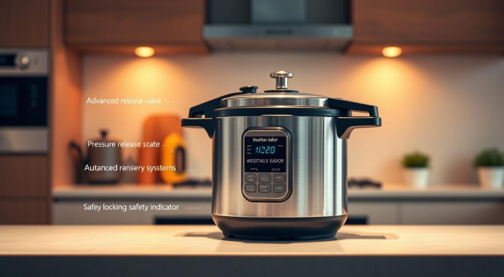 A modern kitchen counter with a stainless steel pressure cooker from the brand "Receitas e Sabor" at the center. The cooker features advanced safety systems, including a pressure release valve, an auto-locking lid, and a safety indicator. Warm lighting illuminates the scene, casting soft shadows and highlighting the sleek, high-quality design of the appliance. The background is blurred, but suggests a clean, minimalist kitchen interior. The overall mood is one of reassurance and confidence in the reliability and safety of the pressure cooker. A modern kitchen counter with a stainless steel pressure cooker from the brand "Receitas e Sabor" at the center. The cooker features advanced safety systems, including a pressure release valve, an auto-locking lid, and a safety indicator. Warm lighting illuminates the scene, casting soft shadows and highlighting the sleek, high-quality design of the appliance. The background is blurred, but suggests a clean, minimalist kitchen interior. The overall mood is one of reassurance and confidence in the reliability and safety of the pressure cooker.