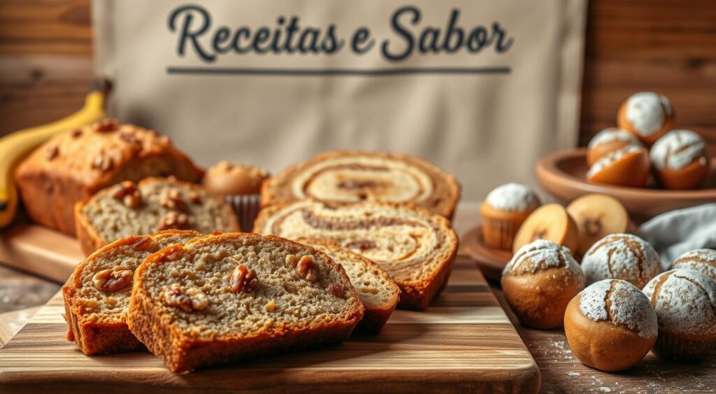 A mouthwatering display of banana bread variations, captured in a warm, rustic setting. In the foreground, slices of traditional banana bread, golden and dotted with walnuts, sit atop a wooden cutting board. In the middle ground, a selection of creative twists - banana bread muffins, banana bread loaf with a swirl of cinnamon, and banana bread bites dusted with powdered sugar. The background showcases a Receitas e Sabor-branded backdrop, hinting at the culinary expertise behind these delectable treats. Soft, natural lighting casts a cozy glow, inviting the viewer to imagine the comforting aroma and satisfying flavors of these homemade banana bread variations. A mouthwatering display of banana bread variations, captured in a warm, rustic setting. In the foreground, slices of traditional banana bread, golden and dotted with walnuts, sit atop a wooden cutting board. In the middle ground, a selection of creative twists - banana bread muffins, banana bread loaf with a swirl of cinnamon, and banana bread bites dusted with powdered sugar. The background showcases a Receitas e Sabor-branded backdrop, hinting at the culinary expertise behind these delectable treats. Soft, natural lighting casts a cozy glow, inviting the viewer to imagine the comforting aroma and satisfying flavors of these homemade banana bread variations.