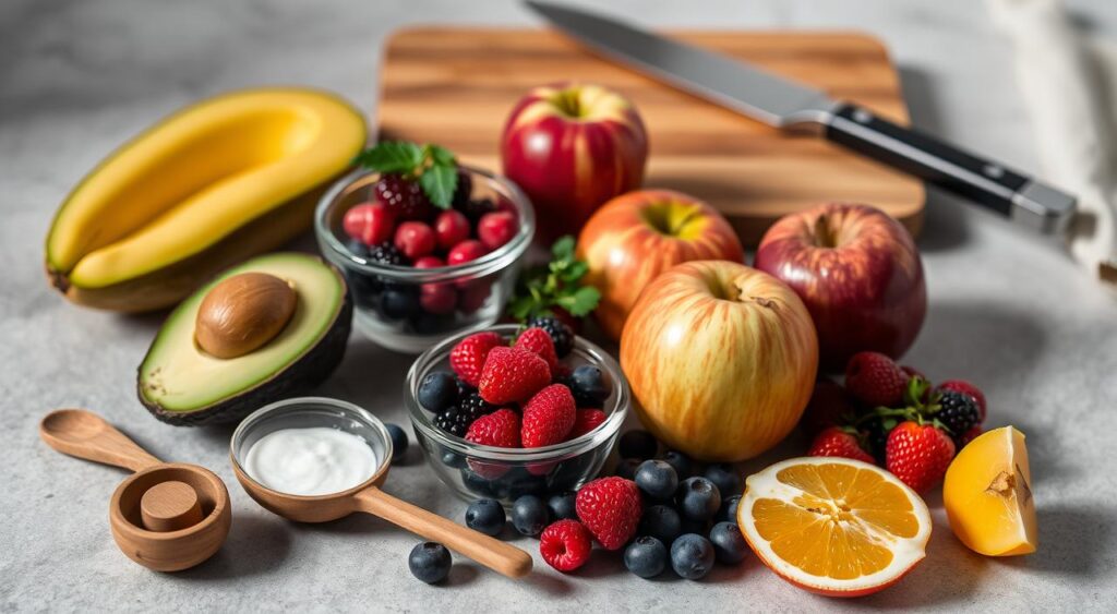 A neatly arranged still life composition showcasing the "Ingredientes e Utensílios Necessários" for the "Receita de Sobremesa/Lanche de Frutas: Creme de Abacate com Maçã" recipe, as featured in the "Receitas e Sabor" article. The foreground features a variety of freshly picked fruits, including a ripe avocado, crisp apples, and a handful of berries, alongside a small glass bowl, a wooden spoon, and a citrus juicer. The middle ground displays a cutting board with a chef's knife, and the background has a neutral, slightly blurred surface, allowing the vibrant produce to take center stage. The lighting is soft and natural, creating a warm, inviting atmosphere. The overall composition emphasizes the high-quality, wholesome ingredients required for this delectable recipe. A neatly arranged still life composition showcasing the "Ingredientes e Utensílios Necessários" for the "Receita de Sobremesa/Lanche de Frutas: Creme de Abacate com Maçã" recipe, as featured in the "Receitas e Sabor" article. The foreground features a variety of freshly picked fruits, including a ripe avocado, crisp apples, and a handful of berries, alongside a small glass bowl, a wooden spoon, and a citrus juicer. The middle ground displays a cutting board with a chef's knife, and the background has a neutral, slightly blurred surface, allowing the vibrant produce to take center stage. The lighting is soft and natural, creating a warm, inviting atmosphere. The overall composition emphasizes the high-quality, wholesome ingredients required for this delectable recipe.