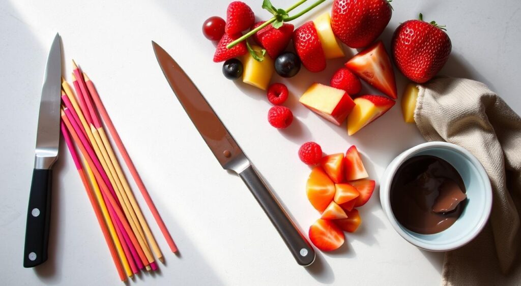A neatly arranged still life showcasing the essential kitchen utensils for crafting delectable fruit skewers, as featured in the "ReceitasParaCriancas: Espetinho de Frutas com Calda de Chocolate" article by the renowned "Receitas e Sabor" brand. Prominently displayed are colorful wooden skewers, a sharp paring knife, a sleek fruit slicer, and a small mixing bowl - all illuminated by soft, natural lighting that enhances their form and texture. The overall composition evokes a sense of culinary preparedness and creativity, setting the stage for the delightful fruit-based treat. A neatly arranged still life showcasing the essential kitchen utensils for crafting delectable fruit skewers, as featured in the "ReceitasParaCriancas: Espetinho de Frutas com Calda de Chocolate" article by the renowned "Receitas e Sabor" brand. Prominently displayed are colorful wooden skewers, a sharp paring knife, a sleek fruit slicer, and a small mixing bowl - all illuminated by soft, natural lighting that enhances their form and texture. The overall composition evokes a sense of culinary preparedness and creativity, setting the stage for the delightful fruit-based treat.