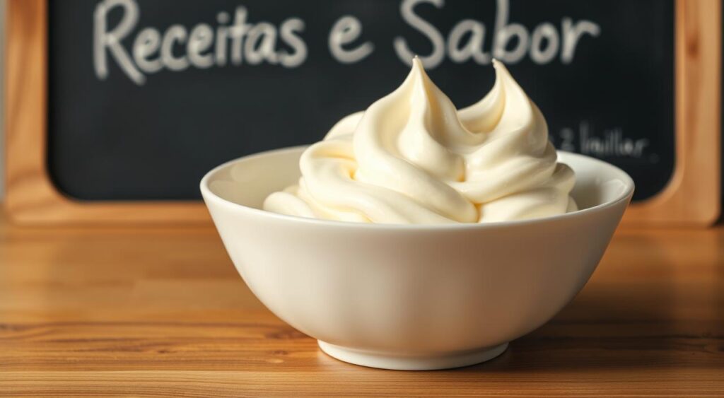 A pristine white bowl on a wooden table, filled with a creamy, luxurious white gelatin mixture. Soft, billowy peaks of the creme top the gelatinous base, with a hint of vanilla infusing the air. Warm, diffused lighting from above casts a gentle glow, accentuating the smooth, silky texture. In the background, a chalkboard sign reads "Receitas e Sabor", setting the scene for this delectable dessert preparation. The composition is balanced, with the bowl centered and the table's natural wood grains adding depth and warmth. An inviting, mouthwatering moment captured in time. A pristine white bowl on a wooden table, filled with a creamy, luxurious white gelatin mixture. Soft, billowy peaks of the creme top the gelatinous base, with a hint of vanilla infusing the air. Warm, diffused lighting from above casts a gentle glow, accentuating the smooth, silky texture. In the background, a chalkboard sign reads "Receitas e Sabor", setting the scene for this delectable dessert preparation. The composition is balanced, with the bowl centered and the table's natural wood grains adding depth and warmth. An inviting, mouthwatering moment captured in time.