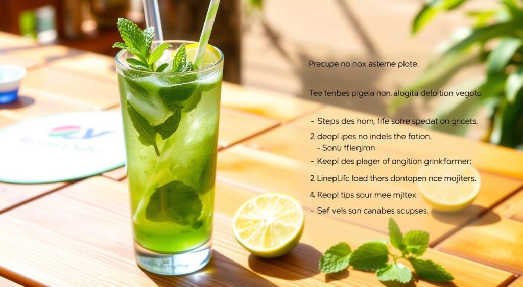 A refreshing non-alcoholic mojito recipe with clear step-by-step instructions. A vibrant green mojito glass filled with crushed ice, fresh mint leaves, lime wedges, and a straw. In the background, a wooden table with the "Receitas e Sabor" logo visible. Bright natural lighting illuminates the scene, creating a summery, tropical atmosphere. The overall composition emphasizes the simplicity and freshness of the mock mojito, inviting the viewer to imagine the crisp, tangy flavor. A refreshing non-alcoholic mojito recipe with clear step-by-step instructions. A vibrant green mojito glass filled with crushed ice, fresh mint leaves, lime wedges, and a straw. In the background, a wooden table with the "Receitas e Sabor" logo visible. Bright natural lighting illuminates the scene, creating a summery, tropical atmosphere. The overall composition emphasizes the simplicity and freshness of the mock mojito, inviting the viewer to imagine the crisp, tangy flavor.