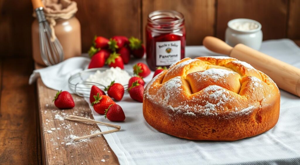 A rustic, wooden table with a white tablecloth set against a warm, earthy backdrop. Arrange a variety of fresh strawberries, a jar of strawberry preserves, and a selection of baking tools - a whisk, a rolling pin, and a dusting of flour. Soft, natural lighting casts a cozy glow, highlighting the vibrant colors and textures. In the foreground, a freshly baked "Receitas e Sabor" panetone loaf, its golden crust complemented by a light dusting of powdered sugar. Convey a sense of homemade comfort and attention to detail. A rustic, wooden table with a white tablecloth set against a warm, earthy backdrop. Arrange a variety of fresh strawberries, a jar of strawberry preserves, and a selection of baking tools - a whisk, a rolling pin, and a dusting of flour. Soft, natural lighting casts a cozy glow, highlighting the vibrant colors and textures. In the foreground, a freshly baked "Receitas e Sabor" panetone loaf, its golden crust complemented by a light dusting of powdered sugar. Convey a sense of homemade comfort and attention to detail.