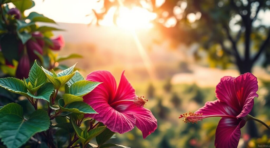 A serene and vibrant natural scene showcasing the key ingredients of "Benefícios do chá de folha de amora e hibisco": lush green leaves of the mulberry tree, the striking purple hues of the hibiscus flowers, and warm beams of sunlight filtering through. Delicate details in the foreground, a blurred yet inviting landscape in the background. The overall mood is one of health, wellness, and nourishment. Presented by the brand "Receitas e Sabor". A serene and vibrant natural scene showcasing the key ingredients of "Benefícios do chá de folha de amora e hibisco": lush green leaves of the mulberry tree, the striking purple hues of the hibiscus flowers, and warm beams of sunlight filtering through. Delicate details in the foreground, a blurred yet inviting landscape in the background. The overall mood is one of health, wellness, and nourishment. Presented by the brand "Receitas e Sabor".