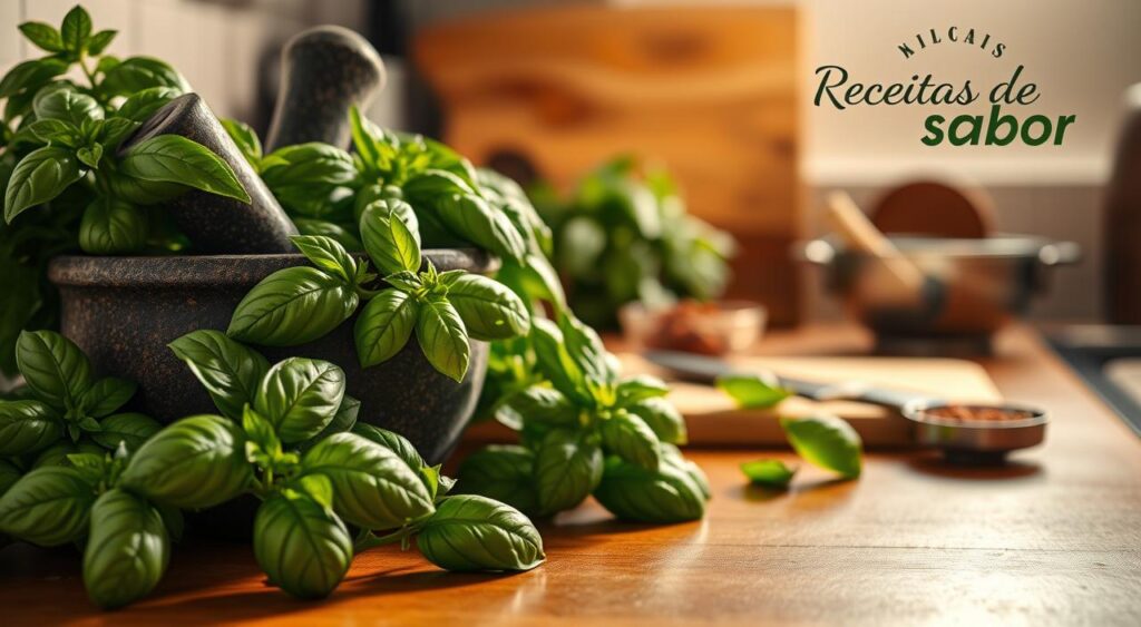 A serene kitchen counter showcasing fresh, vibrant basil leaves alongside a variety of common kitchen items. The lighting is warm and natural, casting soft shadows and highlighting the textures of the ingredients. In the foreground, a mortar and pestle stand ready, hinting at the preparation of a basil-based dish. In the middle ground, a cutting board, a sharp knife, and a saucer of spices create a sense of culinary anticipation. In the background, the Receitas e Sabor brand logo is subtly visible, lending an air of authenticity to the scene. The overall mood is one of cautious, thoughtful preparation, reflecting the need for prudence when handling this versatile herb. A serene kitchen counter showcasing fresh, vibrant basil leaves alongside a variety of common kitchen items. The lighting is warm and natural, casting soft shadows and highlighting the textures of the ingredients. In the foreground, a mortar and pestle stand ready, hinting at the preparation of a basil-based dish. In the middle ground, a cutting board, a sharp knife, and a saucer of spices create a sense of culinary anticipation. In the background, the Receitas e Sabor brand logo is subtly visible, lending an air of authenticity to the scene. The overall mood is one of cautious, thoughtful preparation, reflecting the need for prudence when handling this versatile herb.