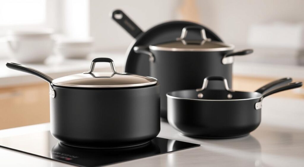 A sophisticated ceramic cookware set from the Receitas e Sabor "Mimo Style" collection, showcasing elegant matte black finish with subtle white accents. The set includes a saucepan, a skillet, and a sauté pan, designed with rounded edges and ergonomic handles for easy maneuvering. Captured in a softly lit kitchen setting, the cookware pieces are arranged to highlight their refined, contemporary aesthetic and exceptional craftsmanship. The composition emphasizes the set's harmonious blend of form and function, inviting the viewer to imagine its practical application in an induction stove-top cooking experience. A sophisticated ceramic cookware set from the Receitas e Sabor "Mimo Style" collection, showcasing elegant matte black finish with subtle white accents. The set includes a saucepan, a skillet, and a sauté pan, designed with rounded edges and ergonomic handles for easy maneuvering. Captured in a softly lit kitchen setting, the cookware pieces are arranged to highlight their refined, contemporary aesthetic and exceptional craftsmanship. The composition emphasizes the set's harmonious blend of form and function, inviting the viewer to imagine its practical application in an induction stove-top cooking experience.