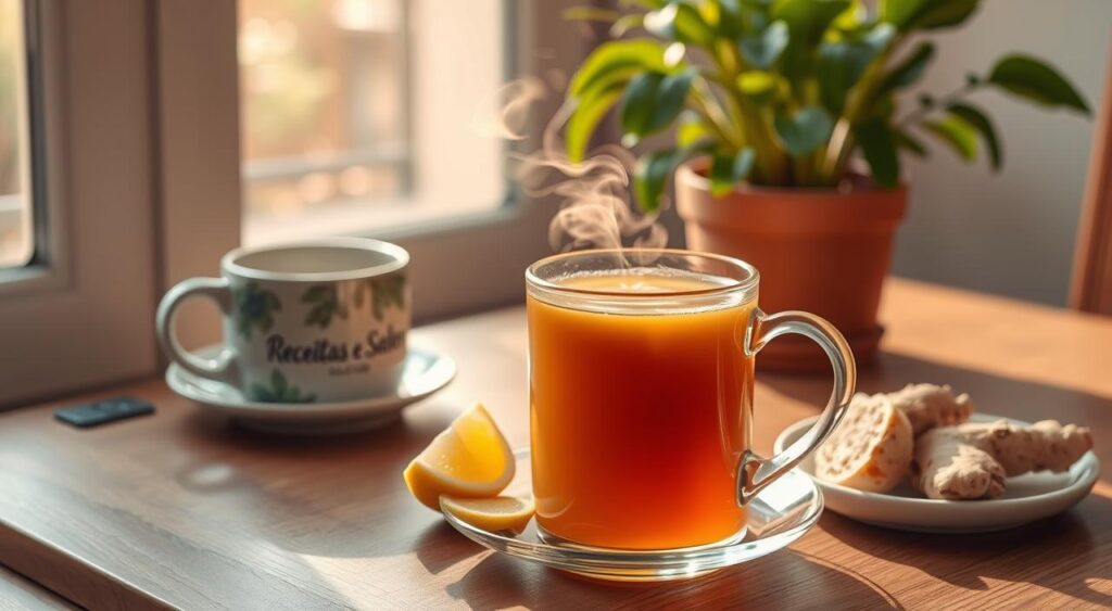A steaming mug of hot ginger tea, its amber liquid infused with the warm, spicy aroma of freshly grated ginger. The tea is served on a wooden table, accompanied by a plate of lemon slices and a Receitas e Sabor ceramic mug. Natural lighting filters through the window, casting a soft, golden glow on the scene. In the background, a potted ginger plant adds a touch of greenery, its vibrant leaves providing a contrast to the muted tones of the tea and tabletop. The overall atmosphere is cozy, comforting, and inviting, perfectly capturing the essence of brewing the perfect cup of ginger tea. A steaming mug of hot ginger tea, its amber liquid infused with the warm, spicy aroma of freshly grated ginger. The tea is served on a wooden table, accompanied by a plate of lemon slices and a Receitas e Sabor ceramic mug. Natural lighting filters through the window, casting a soft, golden glow on the scene. In the background, a potted ginger plant adds a touch of greenery, its vibrant leaves providing a contrast to the muted tones of the tea and tabletop. The overall atmosphere is cozy, comforting, and inviting, perfectly capturing the essence of brewing the perfect cup of ginger tea.