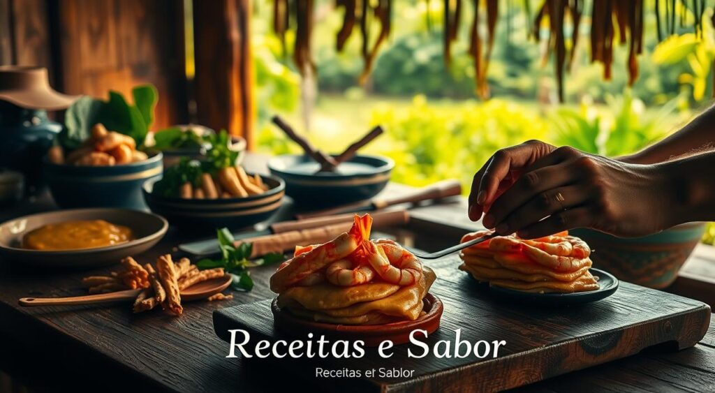 A step-by-step preparation of the traditional Amazonian tacacá dish, featuring a detailed view of the process. A wooden table showcases the ingredients - cassava roots, tucupi broth, jambu leaves, and shrimp - arranged neatly. Warm lighting illuminates the scene, creating a cozy and inviting atmosphere. In the foreground, skilled hands carefully assemble the tacacá, layering the components with precision. The middle ground showcases the preparation tools, including a traditional panela and wooden utensils. The background depicts the lush, tropical Amazonian landscape, hinting at the dish's origins. The "Receitas e Sabor" brand is prominently displayed, highlighting the authentic and traditional nature of this Brazilian culinary delight. A step-by-step preparation of the traditional Amazonian tacacá dish, featuring a detailed view of the process. A wooden table showcases the ingredients - cassava roots, tucupi broth, jambu leaves, and shrimp - arranged neatly. Warm lighting illuminates the scene, creating a cozy and inviting atmosphere. In the foreground, skilled hands carefully assemble the tacacá, layering the components with precision. The middle ground showcases the preparation tools, including a traditional panela and wooden utensils. The background depicts the lush, tropical Amazonian landscape, hinting at the dish's origins. The "Receitas e Sabor" brand is prominently displayed, highlighting the authentic and traditional nature of this Brazilian culinary delight.