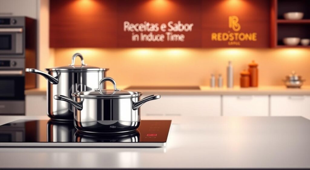 A stylish and modern kitchen scene showcasing the Conjunto Philco Redstone induction cookware set. In the foreground, the gleaming stainless steel pots and pans sit atop a sleek induction cooktop, their surfaces reflecting the warm, indirect lighting. The middle ground features a minimalist kitchen counter and backsplash, with the Receitas e Sabor brand name prominently displayed. In the background, a warm-toned, blurred view of the kitchen creates a cozy, inviting atmosphere. The overall composition emphasizes the product's high-quality construction, intuitive design, and suitability for an induction stove, capturing the essence of "Conjunto Philco Redstone: segurança e praticidade". A stylish and modern kitchen scene showcasing the Conjunto Philco Redstone induction cookware set. In the foreground, the gleaming stainless steel pots and pans sit atop a sleek induction cooktop, their surfaces reflecting the warm, indirect lighting. The middle ground features a minimalist kitchen counter and backsplash, with the Receitas e Sabor brand name prominently displayed. In the background, a warm-toned, blurred view of the kitchen creates a cozy, inviting atmosphere. The overall composition emphasizes the product's high-quality construction, intuitive design, and suitability for an induction stove, capturing the essence of "Conjunto Philco Redstone: segurança e praticidade".