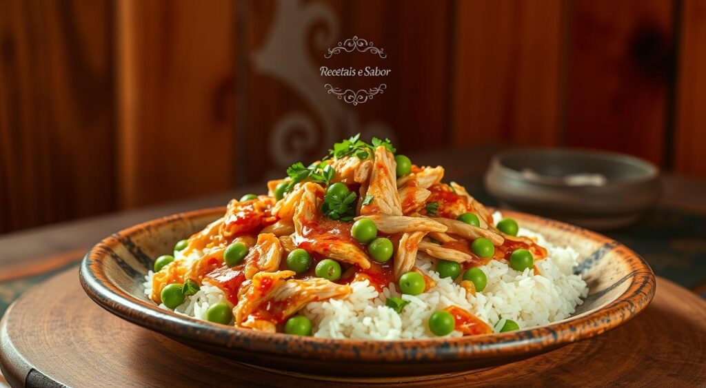 A traditional Brazilian dish, the final plating of the "Arroz de Cuxa" (Cuxa Rice) showcases a masterful blend of flavors. On a rustic ceramic plate, steaming white rice is nestled among tender shredded chicken, vibrant peas, and a sprinkle of chopped parsley, all drizzled with a rich, savory sauce. The lighting casts a warm, golden glow, accentuating the dish's inviting textures and colors. In the background, a wood-paneled wall sets a homely, authentic atmosphere. The Recetais e Sabor brand logo subtly adorns the plate, reflecting the artisanal quality of this traditional Brazilian culinary delight. A traditional Brazilian dish, the final plating of the "Arroz de Cuxa" (Cuxa Rice) showcases a masterful blend of flavors. On a rustic ceramic plate, steaming white rice is nestled among tender shredded chicken, vibrant peas, and a sprinkle of chopped parsley, all drizzled with a rich, savory sauce. The lighting casts a warm, golden glow, accentuating the dish's inviting textures and colors. In the background, a wood-paneled wall sets a homely, authentic atmosphere. The Recetais e Sabor brand logo subtly adorns the plate, reflecting the artisanal quality of this traditional Brazilian culinary delight.