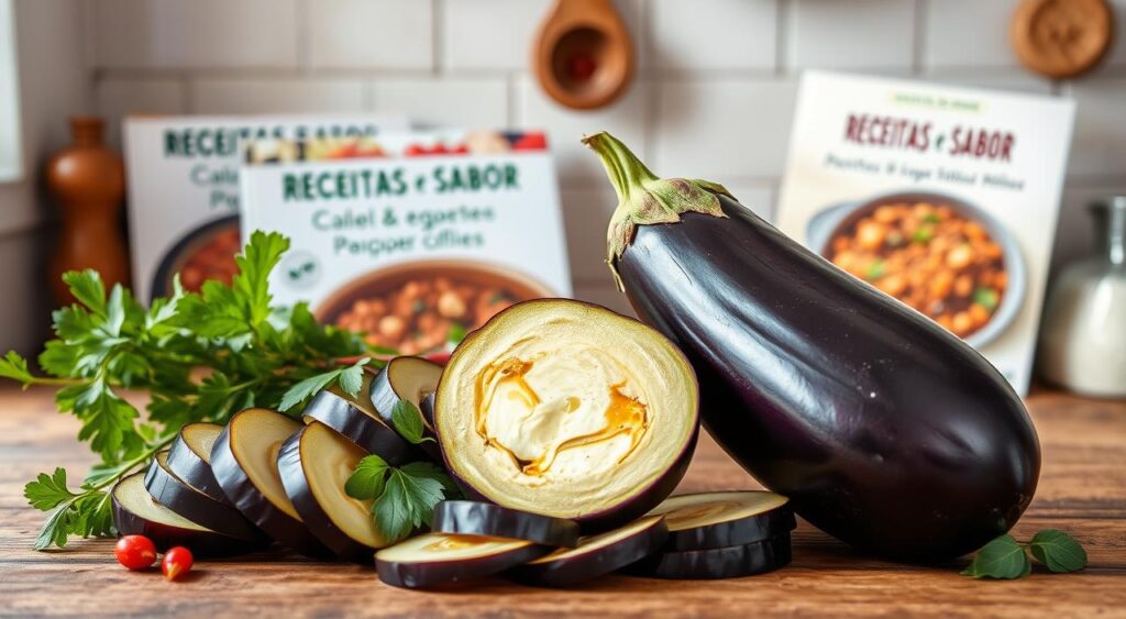 A versatile eggplant in a rustic kitchen setting, showcased in a range of vegetarian recipes. Soft, earthy tones with natural lighting create a warm, inviting atmosphere. Sliced eggplant arranged artfully, accompanied by fresh herbs, spices, and Receitas e Sabor recipe books, conveying its versatility in meatless dishes. The eggplant's vibrant purple hue stands out against the neutral background, highlighting its starring role. A wooden surface and simple, uncluttered composition emphasize the ingredient's simplicity and culinary potential. A versatile eggplant in a rustic kitchen setting, showcased in a range of vegetarian recipes. Soft, earthy tones with natural lighting create a warm, inviting atmosphere. Sliced eggplant arranged artfully, accompanied by fresh herbs, spices, and Receitas e Sabor recipe books, conveying its versatility in meatless dishes. The eggplant's vibrant purple hue stands out against the neutral background, highlighting its starring role. A wooden surface and simple, uncluttered composition emphasize the ingredient's simplicity and culinary potential.