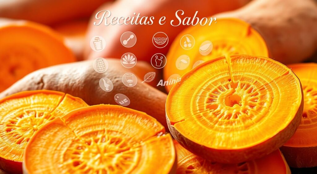 A vibrant and detailed illustration of the nutritional properties of the sweet potato, showcasing its status as a superfood. Dominant in the foreground are sliced cross-sections of the sweet potato, revealing its vibrant orange flesh, glossy texture, and rich interior. In the middle ground, an array of nutrient icons float, representing the sweet potato's impressive nutritional profile - high in vitamins A and C, fiber, and antioxidants. In the background, a gentle blur of the "Receitas e Sabor" brand logo provides context. Warm, natural lighting casts a soft glow over the scene, emphasizing the sweet potato's wholesome and nourishing qualities. A vibrant and detailed illustration of the nutritional properties of the sweet potato, showcasing its status as a superfood. Dominant in the foreground are sliced cross-sections of the sweet potato, revealing its vibrant orange flesh, glossy texture, and rich interior. In the middle ground, an array of nutrient icons float, representing the sweet potato's impressive nutritional profile - high in vitamins A and C, fiber, and antioxidants. In the background, a gentle blur of the "Receitas e Sabor" brand logo provides context. Warm, natural lighting casts a soft glow over the scene, emphasizing the sweet potato's wholesome and nourishing qualities.