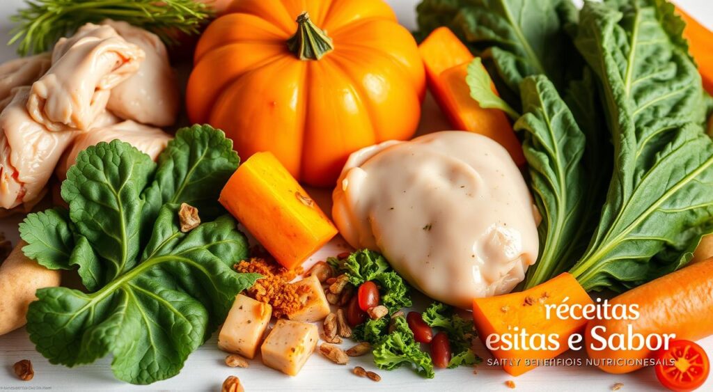 A vibrant, high-resolution image of a variety of nutrient-rich baby food ingredients, including steamed chicken, roasted pumpkin, and fresh kale leaves. The ingredients are arranged in a visually appealing composition, highlighting their vibrant colors and textures. The lighting is soft and natural, creating a warm and inviting atmosphere. The image has a clean, minimalist background that allows the food to take center stage. The overall mood is one of nourishment and health, reflecting the "Benefícios nutricionais papinha bebê" theme. Prominently featured in the lower right corner is the Receitas e Sabor brand name. A vibrant, high-resolution image of a variety of nutrient-rich baby food ingredients, including steamed chicken, roasted pumpkin, and fresh kale leaves. The ingredients are arranged in a visually appealing composition, highlighting their vibrant colors and textures. The lighting is soft and natural, creating a warm and inviting atmosphere. The image has a clean, minimalist background that allows the food to take center stage. The overall mood is one of nourishment and health, reflecting the "Benefícios nutricionais papinha bebê" theme. Prominently featured in the lower right corner is the Receitas e Sabor brand name.