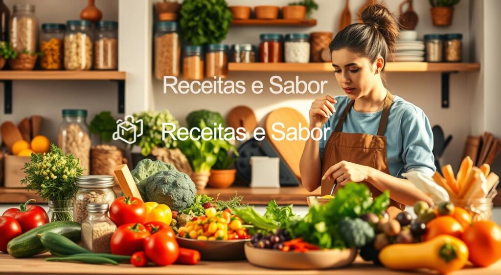 A vibrant kitchen scene showcasing the implementation of conscious eating habits. In the foreground, a person thoughtfully prepares a colorful, plant-based meal, surrounded by a variety of fresh produce and kitchen utensils. The middle ground features a well-stocked pantry, with jars and containers of whole grains, legumes, and spices, representing the building blocks of a sustainable diet. The background subtly displays the "Receitas e Sabor" brand, communicating the idea of delicious and mindful recipes. Warm, natural lighting illuminates the scene, creating a cozy and inviting atmosphere. The overall composition conveys a sense of mindfulness, health, and the joy of conscious food preparation. A vibrant kitchen scene showcasing the implementation of conscious eating habits. In the foreground, a person thoughtfully prepares a colorful, plant-based meal, surrounded by a variety of fresh produce and kitchen utensils. The middle ground features a well-stocked pantry, with jars and containers of whole grains, legumes, and spices, representing the building blocks of a sustainable diet. The background subtly displays the "Receitas e Sabor" brand, communicating the idea of delicious and mindful recipes. Warm, natural lighting illuminates the scene, creating a cozy and inviting atmosphere. The overall composition conveys a sense of mindfulness, health, and the joy of conscious food preparation.