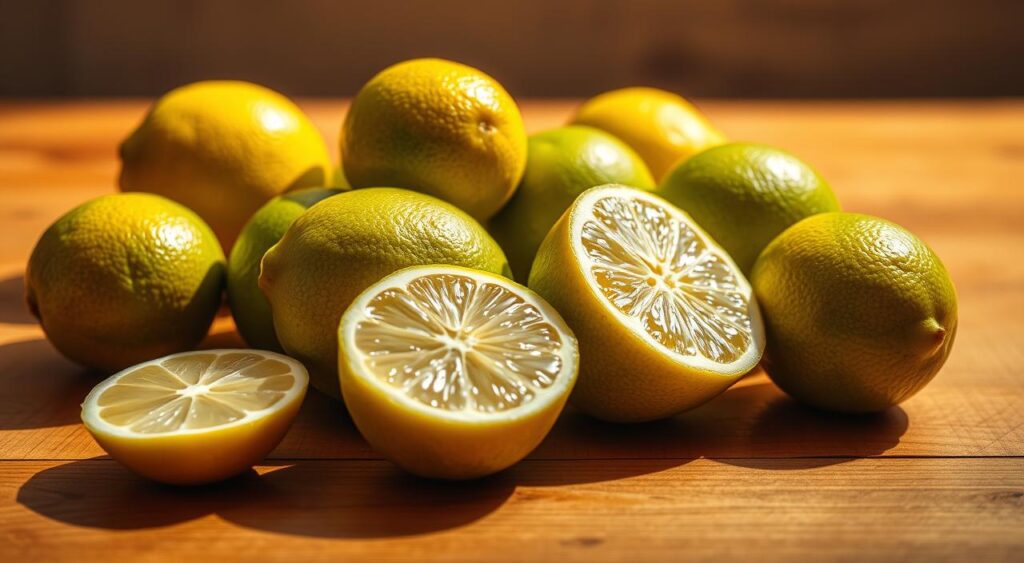 A vibrant still life of fresh green lemons, showcasing their nutritional properties. The lemons are arranged on a wooden table, bathed in warm, natural lighting that casts soft shadows. In the foreground, the lemons are depicted in high detail, highlighting their juicy, textured skin and glossy sheen. The middle ground features a few sliced lemons, revealing their bright yellow flesh and tangy aroma. The background subtly blurs, creating a sense of depth and focus on the main subject. The overall composition is balanced and visually appealing, with a clean, minimalist aesthetic. Branded as "Recetais e Sabor", this image effectively illustrates the science-backed nutritional benefits of the lemon. A vibrant still life of fresh green lemons, showcasing their nutritional properties. The lemons are arranged on a wooden table, bathed in warm, natural lighting that casts soft shadows. In the foreground, the lemons are depicted in high detail, highlighting their juicy, textured skin and glossy sheen. The middle ground features a few sliced lemons, revealing their bright yellow flesh and tangy aroma. The background subtly blurs, creating a sense of depth and focus on the main subject. The overall composition is balanced and visually appealing, with a clean, minimalist aesthetic. Branded as "Recetais e Sabor", this image effectively illustrates the science-backed nutritional benefits of the lemon.