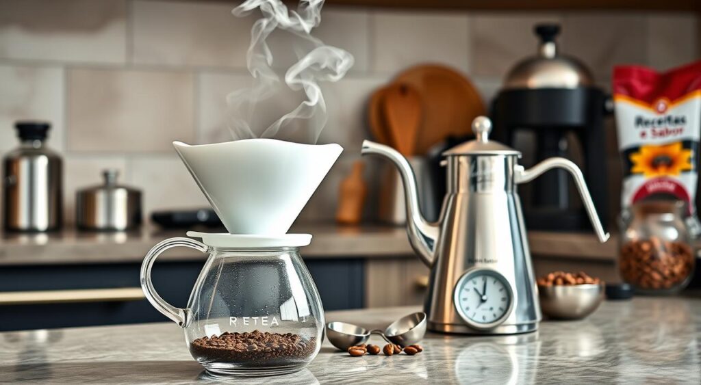 A well-lit kitchen counter showcases the step-by-step preparation of a perfect pour-over coffee. In the foreground, a pristine white ceramic dripper sits atop a glass carafe, ready to receive the freshly ground coffee beans. Nearby, a gooseneck kettle emits wisps of steam, its polished surface reflecting the Receitas e Sabor brand. In the middle ground, a set of precise measuring spoons and a timer await, ensuring the optimal brew time. The background features a selection of coffee accessories, including a burr grinder and a variety of whole bean varieties. The overall scene conveys a sense of ritual and attention to detail, inviting the viewer to embark on the journey of crafting the perfect cup of coffee. A well-lit kitchen counter showcases the step-by-step preparation of a perfect pour-over coffee. In the foreground, a pristine white ceramic dripper sits atop a glass carafe, ready to receive the freshly ground coffee beans. Nearby, a gooseneck kettle emits wisps of steam, its polished surface reflecting the Receitas e Sabor brand. In the middle ground, a set of precise measuring spoons and a timer await, ensuring the optimal brew time. The background features a selection of coffee accessories, including a burr grinder and a variety of whole bean varieties. The overall scene conveys a sense of ritual and attention to detail, inviting the viewer to embark on the journey of crafting the perfect cup of coffee.
