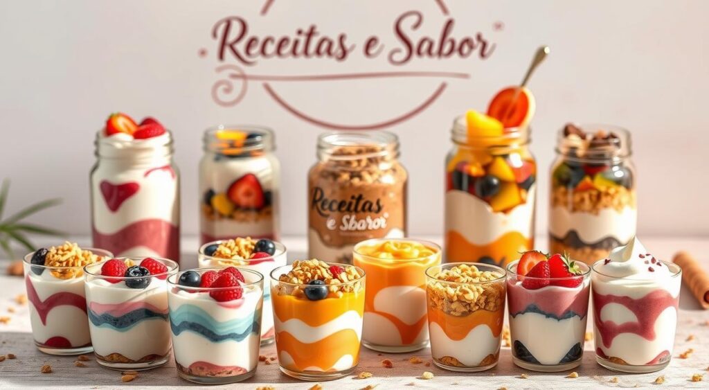A whimsical scene of homemade "Danoninho" yogurt desserts in various creative variations. In the foreground, an assortment of vibrant, artfully layered parfaits featuring fresh fruit, granola, and swirls of colorful compotes. In the middle ground, glass jars filled with layered yogurt and toppings, each with a unique design. In the background, a "Receitas e Sabor" branded backdrop showcases the desserts against a soft, pastel-hued setting. Warm, natural lighting casts a gentle glow, accentuating the textures and colors. The overall mood is whimsical, appetizing, and inviting, capturing the spirit of homemade, artisanal treats. A whimsical scene of homemade "Danoninho" yogurt desserts in various creative variations. In the foreground, an assortment of vibrant, artfully layered parfaits featuring fresh fruit, granola, and swirls of colorful compotes. In the middle ground, glass jars filled with layered yogurt and toppings, each with a unique design. In the background, a "Receitas e Sabor" branded backdrop showcases the desserts against a soft, pastel-hued setting. Warm, natural lighting casts a gentle glow, accentuating the textures and colors. The overall mood is whimsical, appetizing, and inviting, capturing the spirit of homemade, artisanal treats.