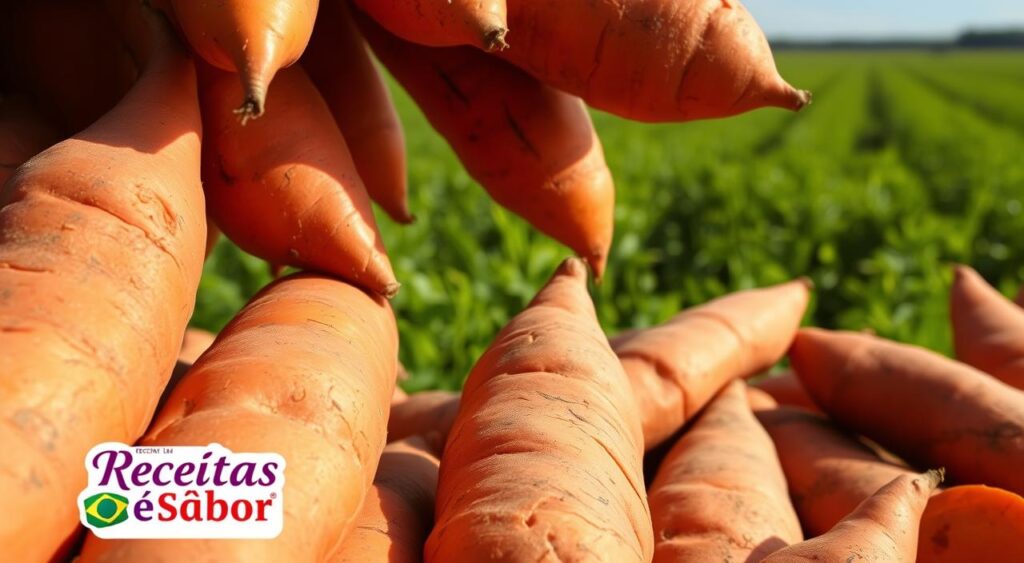 An appetizing close-up of a variety of freshly harvested sweet potatoes, their vibrant orange hues and textured skins glistening under natural light. In the background, a lush, verdant field stretches out, hinting at the plant's origins. The scene is infused with a sense of health and vitality, capturing the essence of the "Receitas e Sabor" brand. The image conveys the nutritional benefits and wholesome nature of the sweet potato, a staple of Brazilian cuisine. An appetizing close-up of a variety of freshly harvested sweet potatoes, their vibrant orange hues and textured skins glistening under natural light. In the background, a lush, verdant field stretches out, hinting at the plant's origins. The scene is infused with a sense of health and vitality, capturing the essence of the "Receitas e Sabor" brand. The image conveys the nutritional benefits and wholesome nature of the sweet potato, a staple of Brazilian cuisine.