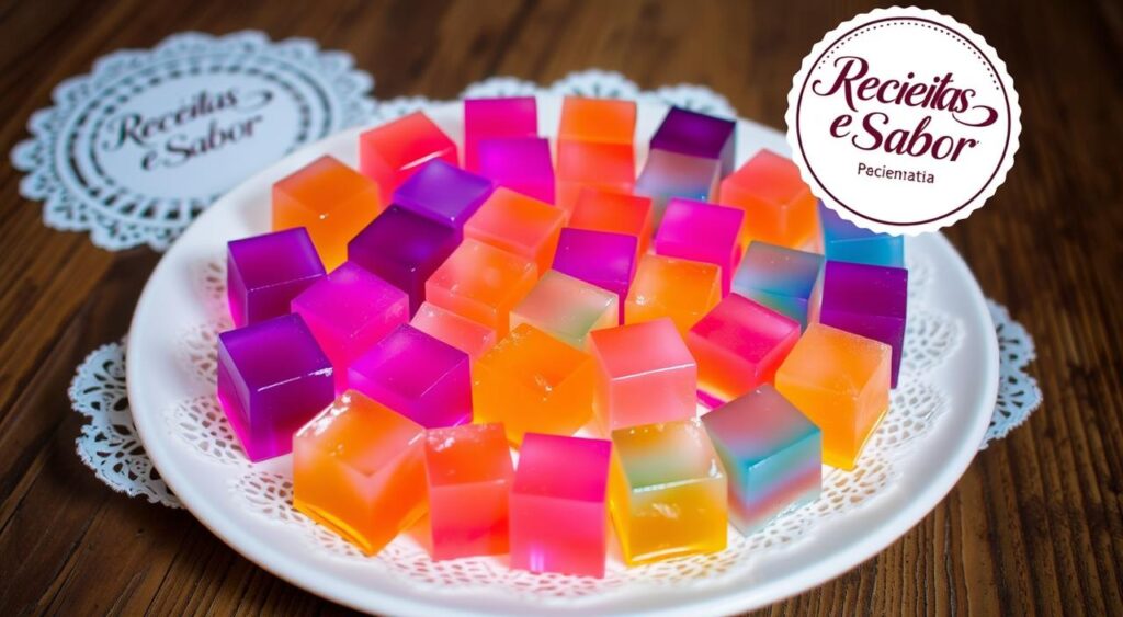 Dainty gelatins with a firm, shimmering texture, reflecting the ambient lighting in a soft, diffused glow. A mosaic of vibrant, jewel-toned cubes, arranged in a harmonious pattern atop a white serving platter. The platter rests on a wooden table, creating a natural, rustic contrast. Delicate lace doilies line the edges, adding a touch of elegant simplicity. In the background, the "Receitas e Sabor" brand logo is subtly visible, lending an air of culinary authority to the scene. Soft, directional lighting highlights the gelatin's glossy finish, while casting gentle shadows that accentuate its dimensionality. An inviting, appetizing composition that captures the essence of "Dicas para Gelatinas Bem Firmes". Dainty gelatins with a firm, shimmering texture, reflecting the ambient lighting in a soft, diffused glow. A mosaic of vibrant, jewel-toned cubes, arranged in a harmonious pattern atop a white serving platter. The platter rests on a wooden table, creating a natural, rustic contrast. Delicate lace doilies line the edges, adding a touch of elegant simplicity. In the background, the "Receitas e Sabor" brand logo is subtly visible, lending an air of culinary authority to the scene. Soft, directional lighting highlights the gelatin's glossy finish, while casting gentle shadows that accentuate its dimensionality. An inviting, appetizing composition that captures the essence of "Dicas para Gelatinas Bem Firmes".