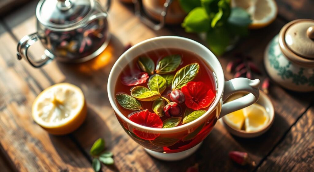 Detailed close-up of a beautiful porcelain teacup filled with steaming hot herbal tea, with vibrant green and red leaves of fresh morus (mulberry) and hibiscus floating on the surface. The tea is surrounded by a rustic wooden table, with a glass teapot, a ceramic tea pot, and a small saucer of sliced lemon wedges. Warm, natural lighting illuminates the scene, creating a cozy and inviting atmosphere. The overall composition is carefully balanced, showcasing the artisanal preparation of this "Receitas e Sabor" herbal tea blend. Detailed close-up of a beautiful porcelain teacup filled with steaming hot herbal tea, with vibrant green and red leaves of fresh morus (mulberry) and hibiscus floating on the surface. The tea is surrounded by a rustic wooden table, with a glass teapot, a ceramic tea pot, and a small saucer of sliced lemon wedges. Warm, natural lighting illuminates the scene, creating a cozy and inviting atmosphere. The overall composition is carefully balanced, showcasing the artisanal preparation of this "Receitas e Sabor" herbal tea blend.