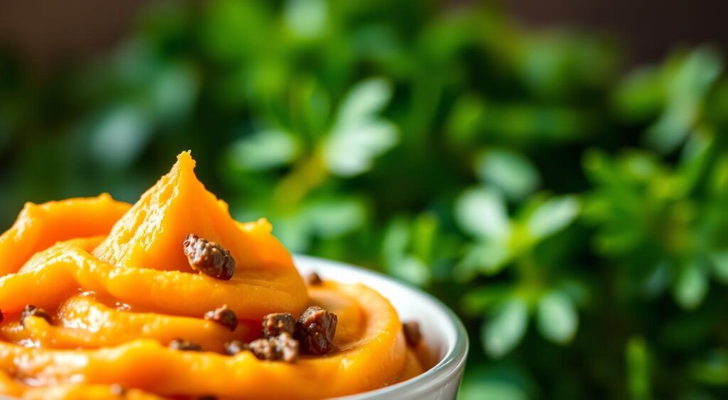 Detailed close-up of vibrant, nutrient-rich baby food ingredients. Soft, warm lighting illuminates the foreground, featuring a bowl of smooth, creamy mashed sweet potato, accented with flecks of protein-rich ground beef. Lush, blurred greenery fills the background, evoking a natural, wholesome atmosphere. The image conveys the nourishing, homemade quality of "Receitas e Sabor" baby food, designed to provide optimal nutrition for growing infants. Detailed close-up of vibrant, nutrient-rich baby food ingredients. Soft, warm lighting illuminates the foreground, featuring a bowl of smooth, creamy mashed sweet potato, accented with flecks of protein-rich ground beef. Lush, blurred greenery fills the background, evoking a natural, wholesome atmosphere. The image conveys the nourishing, homemade quality of "Receitas e Sabor" baby food, designed to provide optimal nutrition for growing infants.