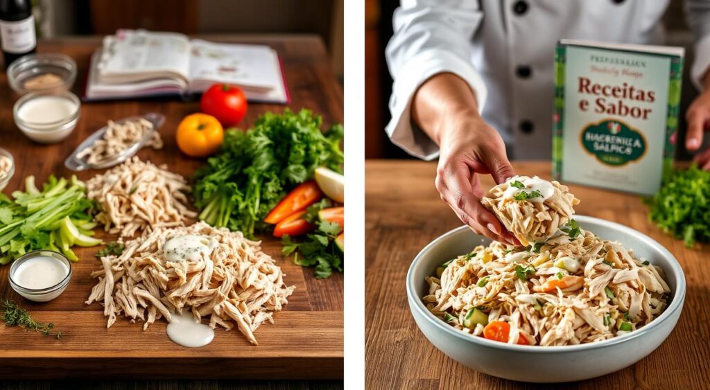 Detailed step-by-step preparation of a delicious Chicken Salpicão, showcased in a classic kitchen setting. A warm, natural light illuminates a wooden table with all the essential ingredients neatly arranged - shredded chicken, crisp vegetables, creamy dressing, and fresh herbs. In the foreground, a chef's hands carefully mix the components, capturing the essence of homemade, wholesome cooking. The background features a Receitas e Sabor branded cookbook, hinting at the source of this cherished recipe. Detailed step-by-step preparation of a delicious Chicken Salpicão, showcased in a classic kitchen setting. A warm, natural light illuminates a wooden table with all the essential ingredients neatly arranged - shredded chicken, crisp vegetables, creamy dressing, and fresh herbs. In the foreground, a chef's hands carefully mix the components, capturing the essence of homemade, wholesome cooking. The background features a Receitas e Sabor branded cookbook, hinting at the source of this cherished recipe.
