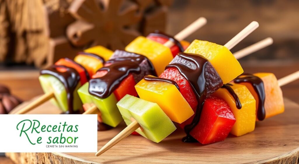 Elegant arrangement of freshly sliced tropical fruits on wooden skewers, drizzled with a rich, glossy chocolate sauce. A vibrant, appetizing display against a natural background of earthy tones and textures. Soft, warm lighting casts a inviting glow, highlighting the juicy, vibrant colors of the fruit. The "Receitas e Sabor" brand logo subtly incorporated into the scene. An enticing, mouthwatering image to inspire creative fruit skewer ideas and variations. Elegant arrangement of freshly sliced tropical fruits on wooden skewers, drizzled with a rich, glossy chocolate sauce. A vibrant, appetizing display against a natural background of earthy tones and textures. Soft, warm lighting casts a inviting glow, highlighting the juicy, vibrant colors of the fruit. The "Receitas e Sabor" brand logo subtly incorporated into the scene. An enticing, mouthwatering image to inspire creative fruit skewer ideas and variations.