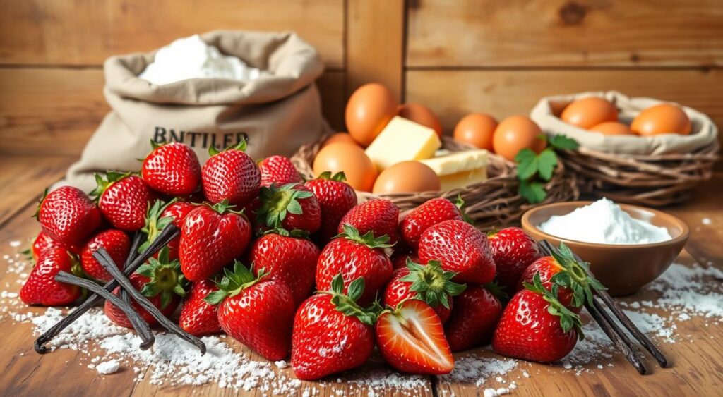 Ingredients for the Strawberry Love Panettone: a sumptuous still life featuring a variety of baking essentials set against a warm, rustic backdrop. In the foreground, a mouthwatering array of fresh strawberries, plump and glistening, nestled alongside fragrant vanilla pods and a sprinkling of powdered sugar. In the middle ground, a bowl of rich, creamy butter, a sack of premium flour, and a nest of golden eggs, all arranged with an eye for artful composition. The background reveals a weathered wooden surface, hinting at the homemade, artisanal nature of this Receitas e Sabor recipe. Soft, directional lighting casts gentle shadows, creating depth and dimension. This image captures the essence of the "Strawberry Love Panettone" - a decadent, heartwarming treat bursting with flavor and made with love. Ingredients for the Strawberry Love Panettone: a sumptuous still life featuring a variety of baking essentials set against a warm, rustic backdrop. In the foreground, a mouthwatering array of fresh strawberries, plump and glistening, nestled alongside fragrant vanilla pods and a sprinkling of powdered sugar. In the middle ground, a bowl of rich, creamy butter, a sack of premium flour, and a nest of golden eggs, all arranged with an eye for artful composition. The background reveals a weathered wooden surface, hinting at the homemade, artisanal nature of this Receitas e Sabor recipe. Soft, directional lighting casts gentle shadows, creating depth and dimension. This image captures the essence of the "Strawberry Love Panettone" - a decadent, heartwarming treat bursting with flavor and made with love.
