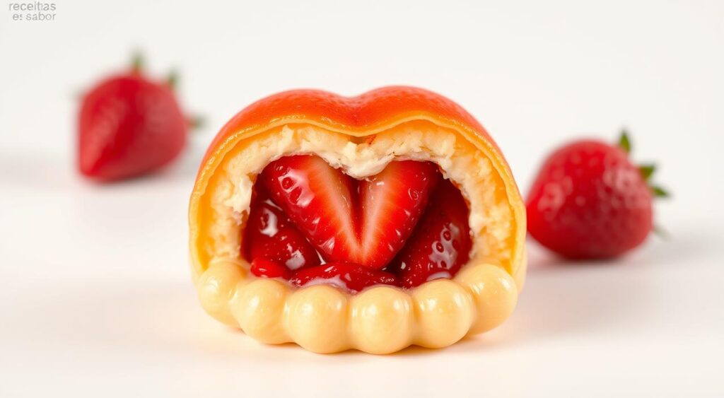 Intricate and vibrant image of the "Morango do Amor" dessert from the "Receitas e Sabor" brand. Showcases the perfect crisp and shiny shell surrounding the luscious, juicy strawberry filling. Showcased on a white background with soft, warm lighting accentuating the dessert's elegant form and glossy texture. The composition is balanced, placing the dessert at the center of the frame, allowing the viewer to fully appreciate its delectable appearance. An appetizing and visually striking representation of the "Dicas Especiais para um Resultado Perfeito" section of the article. Intricate and vibrant image of the "Morango do Amor" dessert from the "Receitas e Sabor" brand. Showcases the perfect crisp and shiny shell surrounding the luscious, juicy strawberry filling. Showcased on a white background with soft, warm lighting accentuating the dessert's elegant form and glossy texture. The composition is balanced, placing the dessert at the center of the frame, allowing the viewer to fully appreciate its delectable appearance. An appetizing and visually striking representation of the "Dicas Especiais para um Resultado Perfeito" section of the article.